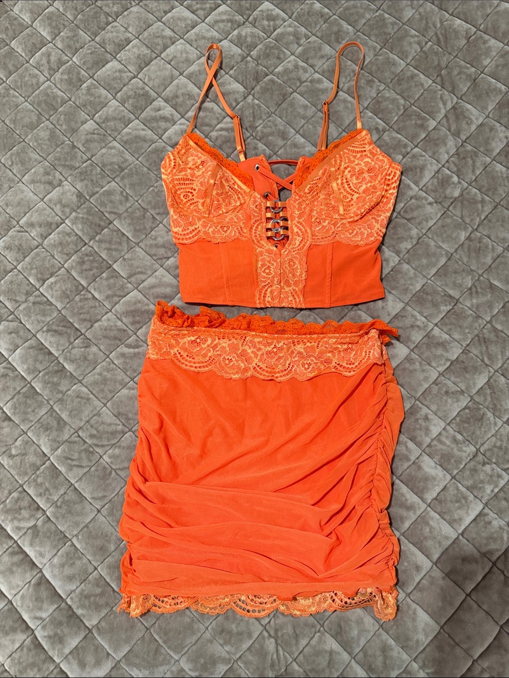 SHEIN Orange Lace Ruched Mini Skirt